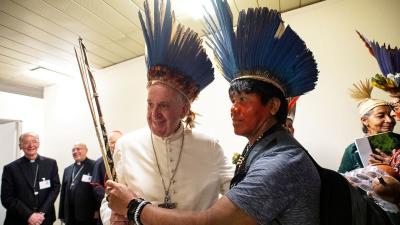 Pope Francis meets with Indigenous Community of Amazonia at the Vatican October 17 2019.